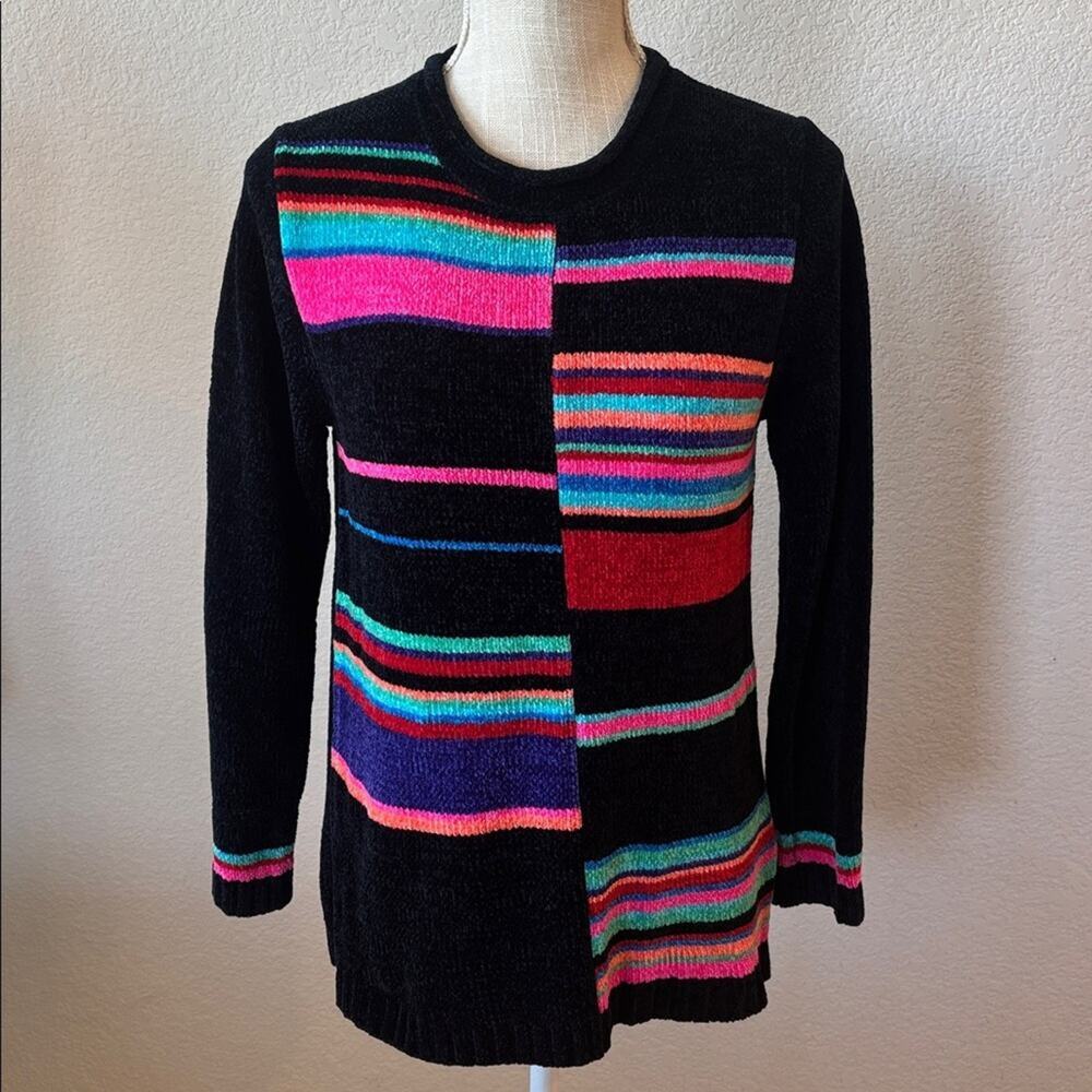 Sag Harbor Black Multicolor Colorblock Knit Sweater Office Casual Cozy Petite M